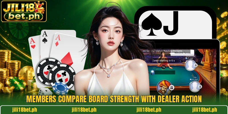 Members compare board strength with dealer action